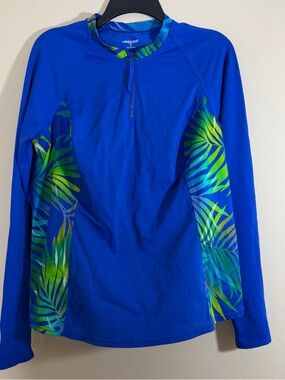 Lands' End Womens Swim Rash Guard Mock Neck Long Sleeve 1/4 Zip XL/18 Blue Green